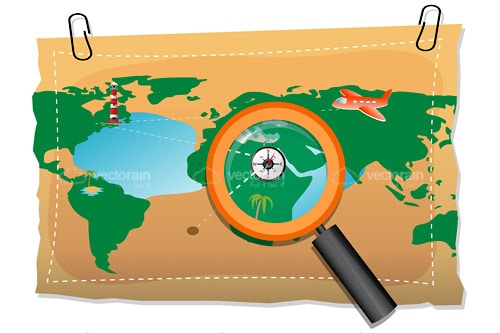 World Map with Compass and Magnifying Glass